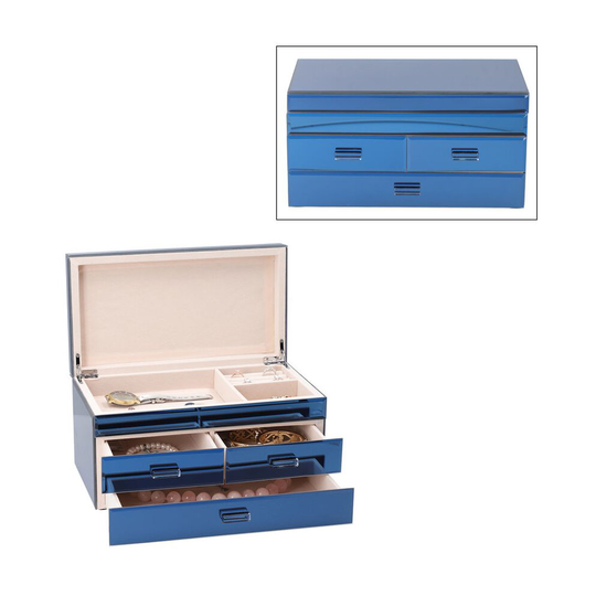 3 Layer Glass Mirrored Jewellery Box three Drawer and Velvet Inner Lining - Blue