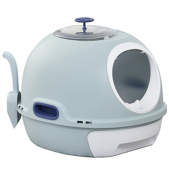 PawHut Capsule-Shaped Cat Litter Box with Scoop 2 Doors Drawer Blue
