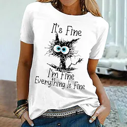 Women's T shirt Tee Funny Tee Shirt Green Pink Yellow Graphic Cat Print Short Sleeve Casual Weekend Basic Round Neck Regular Cotton I'm Fine Everything Is Fine Cat Painting S Lightinthebox