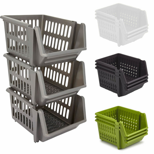 (Green) Set of 3 Stackable Storage Basket Kitchen Fruit Vegetable Stacking Container Box