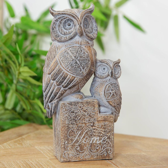 Ornate Carved Wood Finish Owl and Baby Statue Ornament Figure 20.5cm Boxed