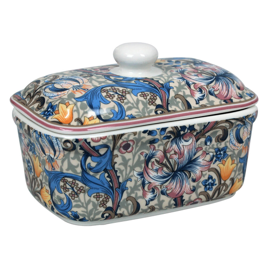 Fine China William Morris Golden Lily Butter Dish Bell Top Lid Floral Flowers