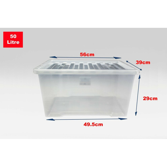 (Set of 5, 50 Litre) Clear Plastic Storage Boxes With Black Lids Home