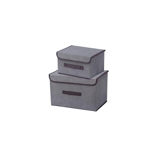 2 Pcs Fabric Foldable Storage Boxes with Lids (2 Size), Grey Collapsible Storage Bins with Handles for Toy, Books, Bedroom...