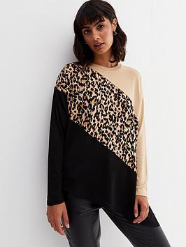New Look Brown Leopard Print Colour Block Fine Knit Jumper