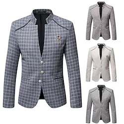 Men's Blazer Cocktail Attire Breathable Quick Dry Formal Evening Party Single Breasted Stand Collar Formal Casual Jacket Stripes and Plaid Quick Dry Gray Light Green Khaki / Winter / Fall Lightinthebox