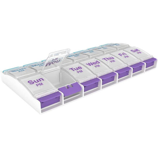Pill Box, 7 Day Pill Organiser with Daily 2 Times a Day Compartments, Easy Open Dispensers with Push Buttons