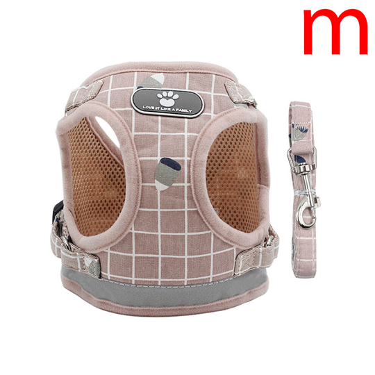 (Pink lattice, M) Puppy Dog Cat Harness Walking Leads Set Pet Supplies Reflective Vest