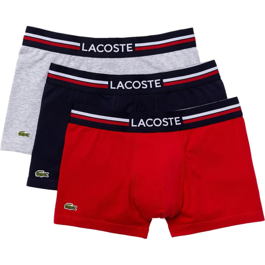 (Medium, Navy/Red/Light Grey) Lacoste 3 Pack Trunk Boxer Shorts Navy/Red/Light Grey