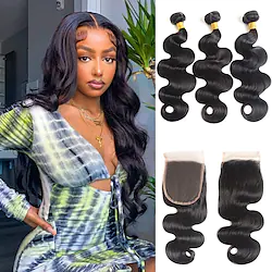 9A Human Hair Body Wave 3 Bundles with Closure Body Wave 100% Unprocessed Brazilian Virgin Hair Bundles with 4x4 Lace Closure Free Part Natural Color Lightinthebox
