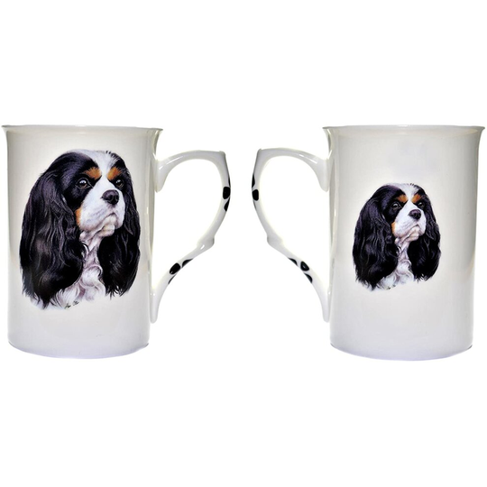 (BB16) Bone China Set of 2 Tri Colour Cavalier King Charles Dog Mugs - Gift Boxed