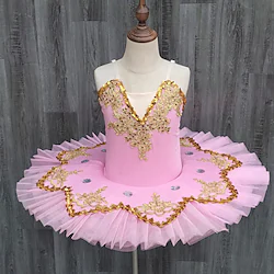 Kids' Dancewear Ballet Tutu Dress Dress Lace Embroidery Splicing Girls' Training Performance Sleeveless High Mesh Spandex Lightinthebox