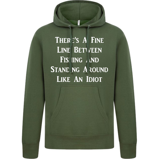 (Military Green, Medium) Mens, Hoodie, There's A Fine Line Funny Fishing Hoodie