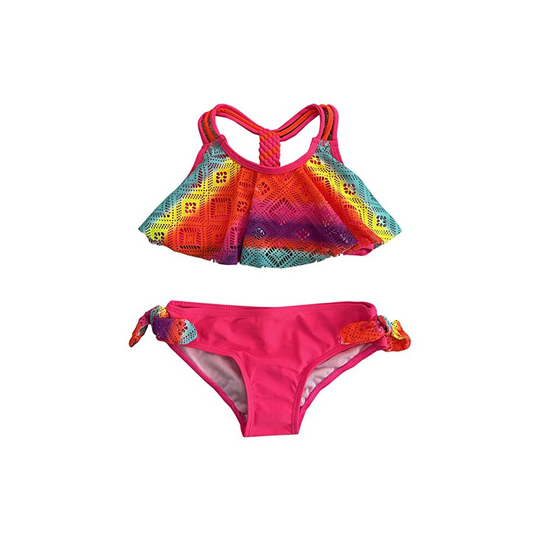 (Two Pieces Rainbow, 14 Years) Girls Swimsuit, One Piece Swimwear, Tow Piece Tropical Floral Swimming Costume for Kids