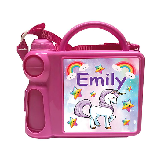 (Pink Lunch Box and Pink Text) Personalised Magical Unicorn Plastic Lunch Box and Water Bottle Back to School Gift Set