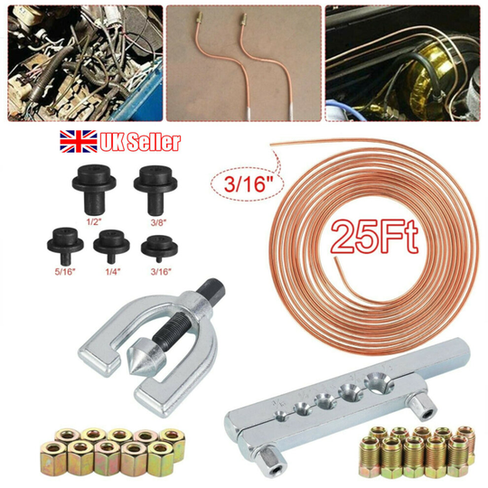 Brake Line Pipe Repair Kit 3/16" 25FT Copper Pipe Flaring Tool +20 Nuts Fittings
