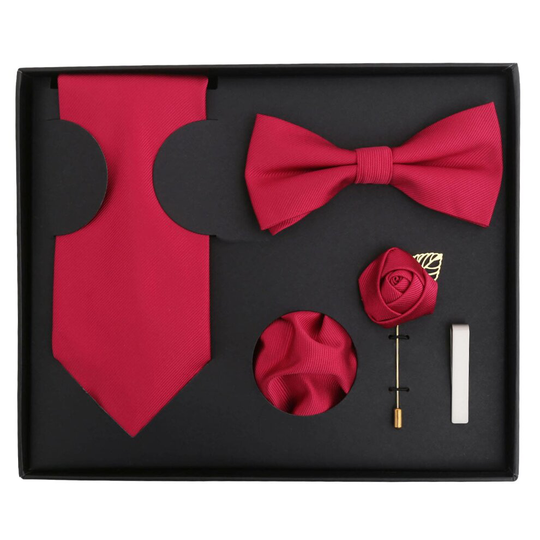 Jester Red Plain Twill Tie Set 5pcs Gift Box