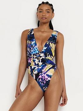 River Island Plunge Abstract Swimsuit - Purple, Purple, Size 6, Women