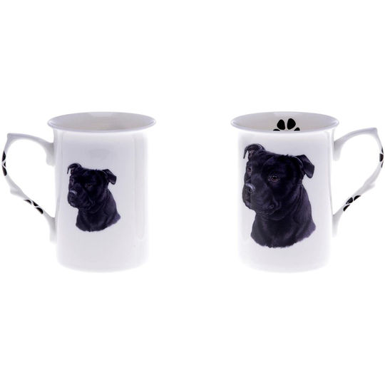 (BB) Bone China Set of 2 Black Staffordshire Bull Terrier Dog Mugs - Gift Boxed