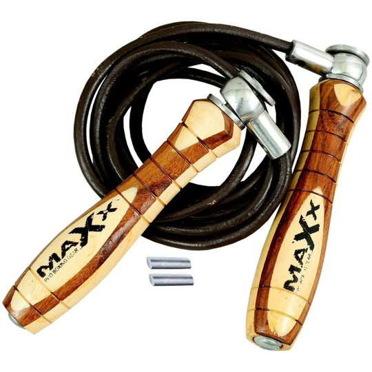 (WHITE / BROWN) Skipping Jump Rope Leather Indoor Gym Workout Wooden Handles Boxing Punchba Maxx
