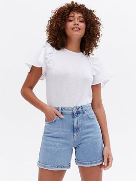 New Look Fine Knit Poplin Frill Sleeve T-Shirt - White , White, Size 18, Women