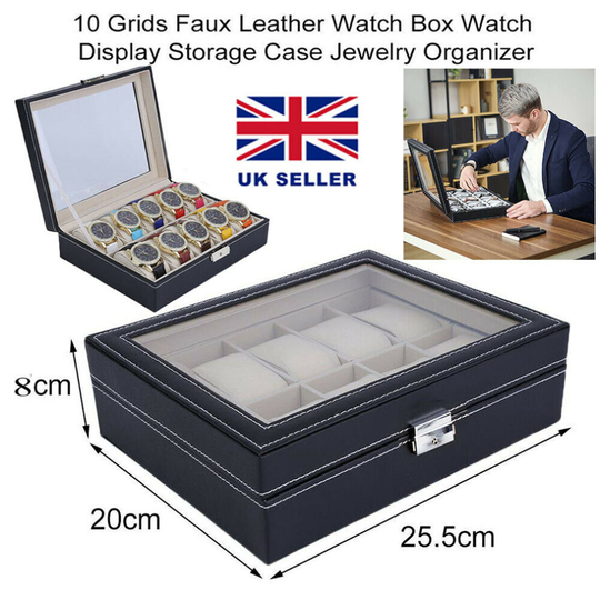 10 Grid Slot Watch Box Leather Display Glass Top Jewelry Storage Case