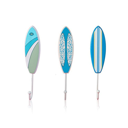 Tropical Surfboard Wall Hooks - Set of 3 - Blue/Green/White Theme - 9? Tall by Tumbler Home