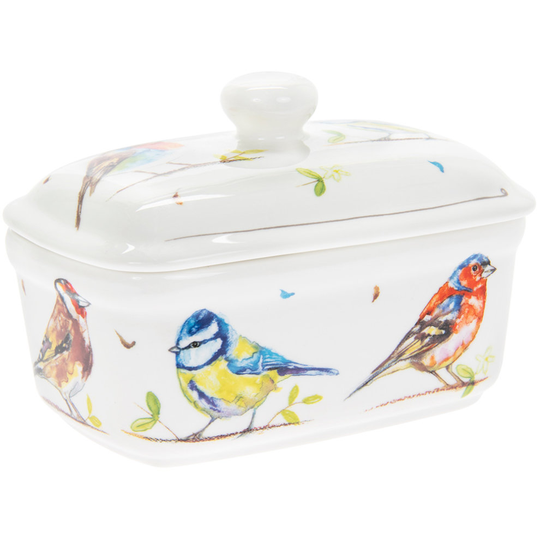 Country Life Birds Fine China Ceramic Butter Dish Bell Top Lid Dishwasher Safe