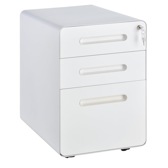 Vinsetto 3 Draw Steel Filing Cabinet w/ 4 Wheels Lock Pencil Box White