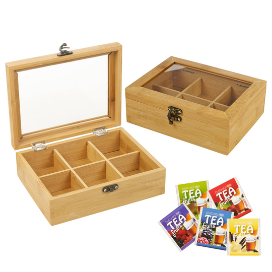 Wooden Bamboo Tea Box 6 Section Clear Lid Compartments Caddy Chest