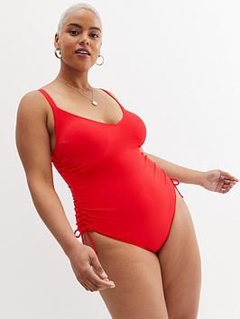 New Look Curves Red Textured Ruched Side Swimsuit