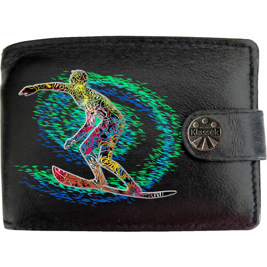(Standard) Pacific Surfer Surfing Wave Board Mens Wallet Chain Leather Coin Pocket Klassek RFID Blocking Credit Card Slots and Metal Gift Box