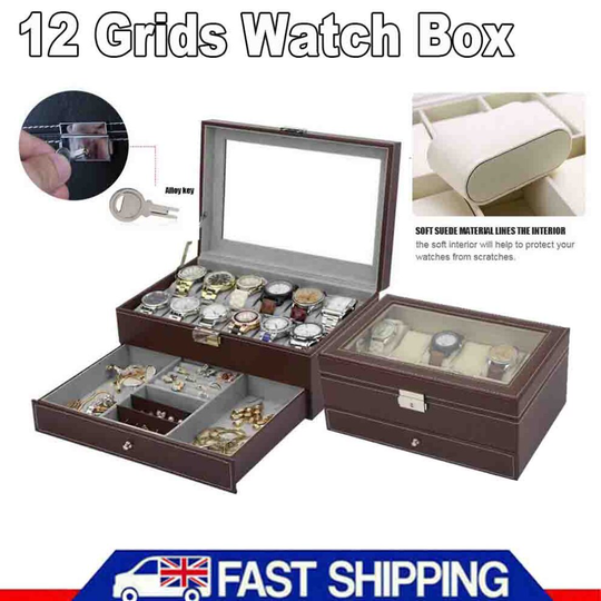 Mens 12 Grids Leather Watch Display Case Jewellery Storage Holder Box
