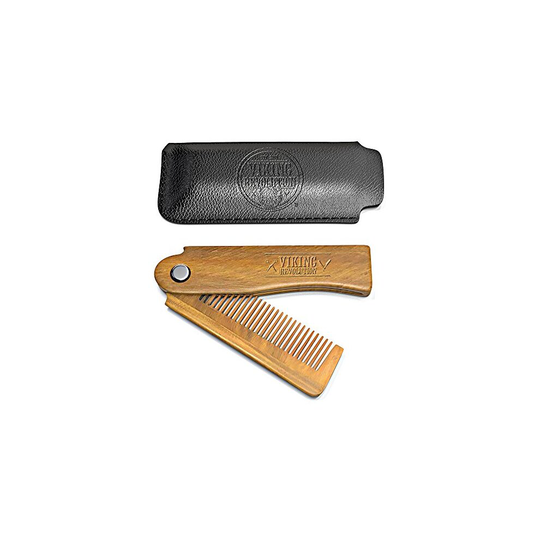 Folding Beard Comb w/Carrying Pouch for Men - All Natural Wooden Beard Comb w/Gift Box - Green Sandalwood Comb for Grooming & Combing Hair, Beards and