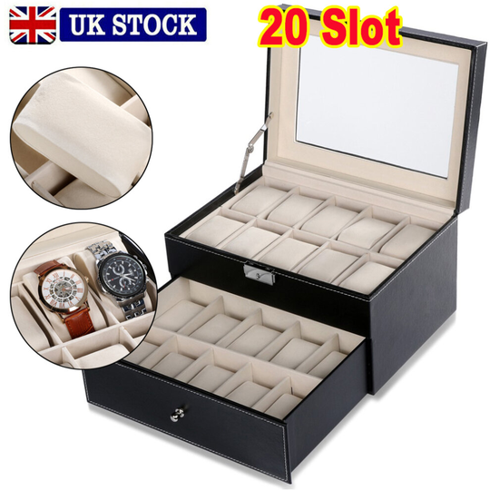 Mens 20 Grids Watch Display Case Collection Storage PU Leather Box