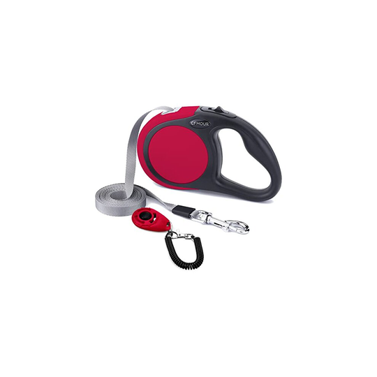 CFMOUR Retractable Dog Lead, 5m/20kg Red Heavy-Duty Extendable Dog Leads for Small to Medium Dogs; Strong Nylon Tape Ribbon Leash, One-Button Bra