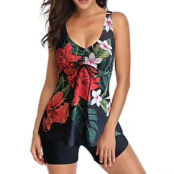 Women's Swimwear Tankini 2 Piece Plus Size Swimsuit Open Back Printing High Waisted Leaf Deer Black Yellow Wine Orange White Camisole V Wire Bathing Suits New Vacation Fashion Lightinthebox