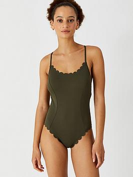 Accessorize Textured Scallop Swimsuit - Khaki, Khaki, Size 6, Women