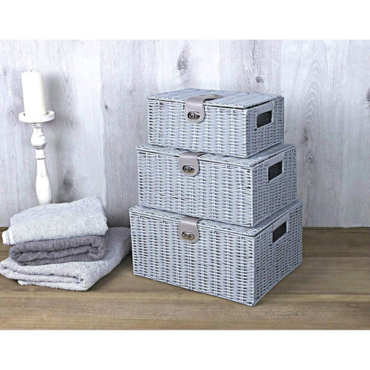Set Of 3 Grey Wicker Hamper Baskets Storage Boxes With Lid And Lock