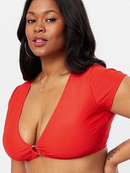 New Look Curves Ribbed Ring Bikini Top - Bright Red, Bright Red, Size 24, Women