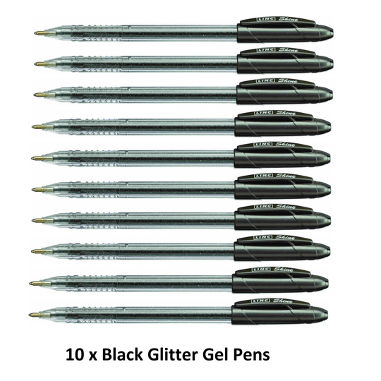 (Black Pack of 10) 10 x Shine Sparkled GLITTER Gel Pens 0.7 mm FINE Tip 10 colours All Colour