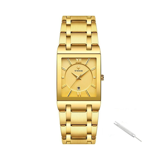 (full gold no box) Watch Men, Square Watches, Quartz Stainless Steel, Waterproof, Wrist Clock