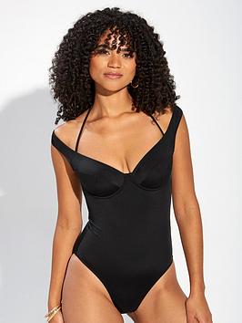 Pour Moi Underwired Off The Shoulder Double Strap Control Swimsuit - Black