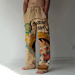 Inspired by One Piece Monkey D. Luffy Linen Pants Straight Trousers Baggy Pants Anime Elastic Drawstring Design Front Pocket Pants For Men's Adults' 3D Print Cotton Blend Daily Yoga Lightinthebox
