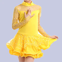 Latin Dance Kids' Dancewear Dress Solid Paillette Tulle Girls' Performance Long Sleeve Elastane Tulle Lightinthebox