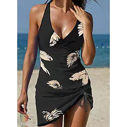 Women's Swimwear Tankini 2 Piece Plus Size Swimsuit Open Back Printing for Big Busts Trees / Leaves Black Halter V Wire Bathing Suits New Vacation Fashion / Modern / Padded Bras Lightinthebox