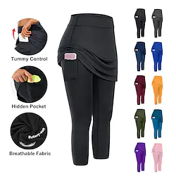 Women's Running Tights Leggings Running Skirt with Tights 2 in 1 with Phone Pocket Compression Clothing Athletic Athleisure Spandex Breathable Quick Dry Moisture Wicking Gym Workout Running Jogging Lightinthebox