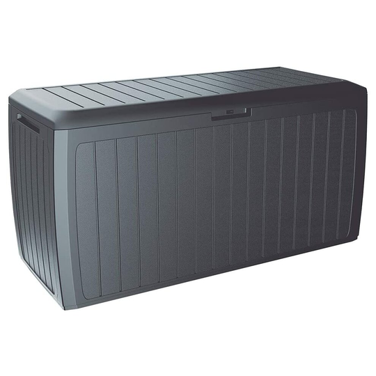 Deuba Garden Box 290L Storage Plastic Outdoor Patio Deck Chest 114x47x60cm Wood Style with Lid and Wheels Grey