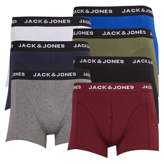 (L, Blk/Nvy/Ol/Wht/Gry/Bur/Surf) Jack & Jones Mens 2021 Hugh Stretch Waistband Regular Fit 7 Pack Boxer Briefs