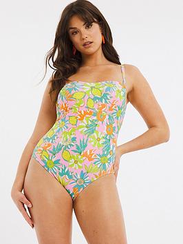Figleaves Curve Miami Non Wired Bandeau Swimsuit, Floral, Size 10, Women